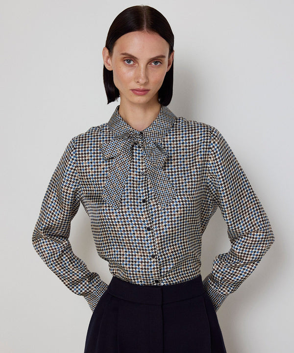 Machka Houndstooth Patterned Silk Shirt Navy