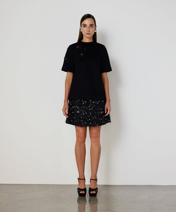 Machka Floral Appliqué Scuba T-Shirt Black