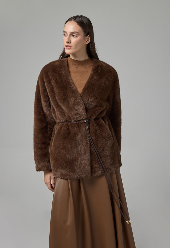 Choice Belted Faux Fur Poncho Brown