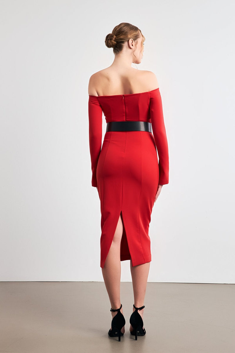 Setre Off-The-Shoulder Belted Dress Red