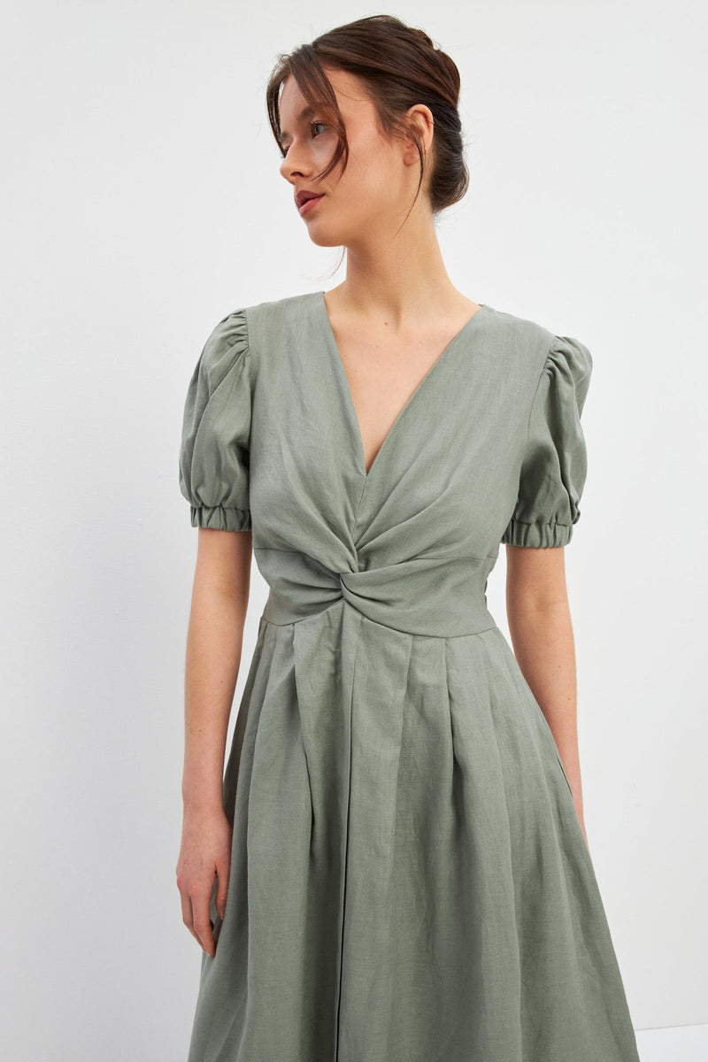 Setre Gathered And Sleeve Detailed Linen Dress Olive