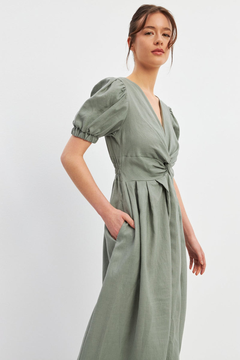 Setre Gathered And Sleeve Detailed Linen Dress Olive