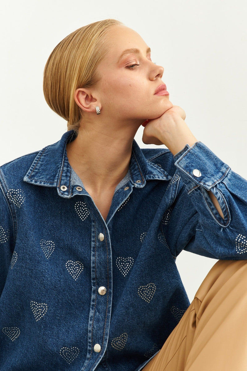 Setre Stone Detailed Denim Jacket Blue