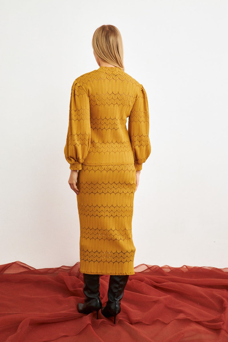 Setre Patterned Knitwear Skirt Suit Mustard