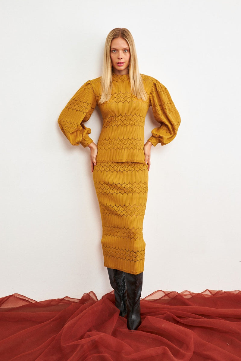 Setre Patterned Knitwear Skirt Suit Mustard