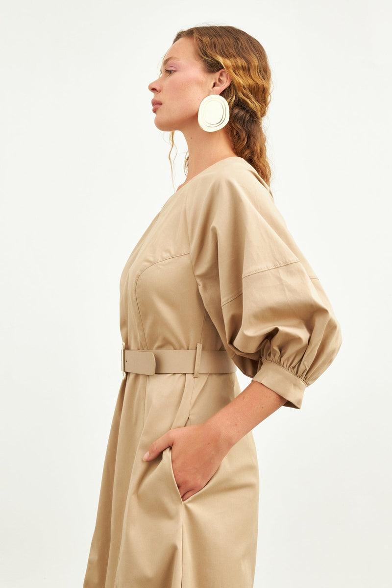 Setre Balloon Sleeve Midi Dress Beige