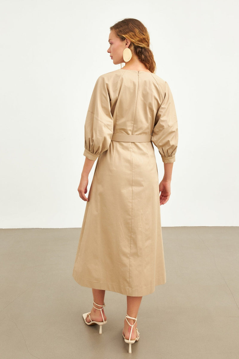 Setre Balloon Sleeve Midi Dress Beige