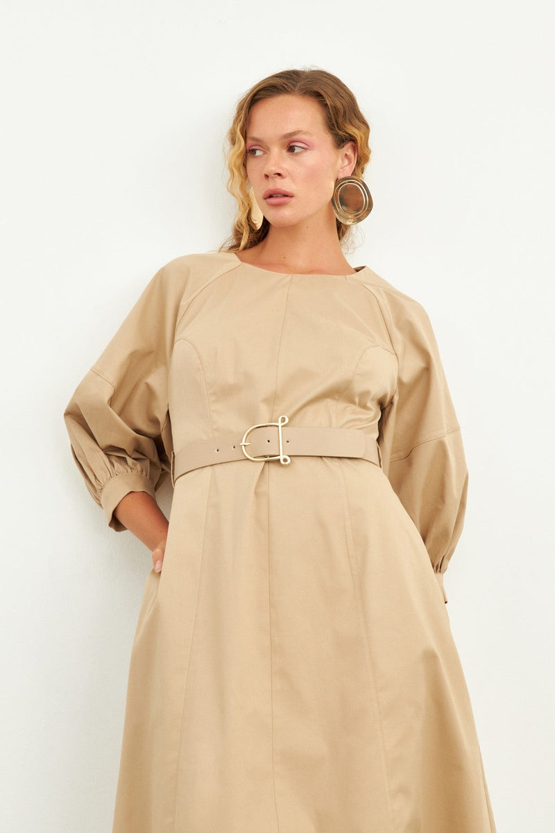 Setre Balloon Sleeve Midi Dress Beige