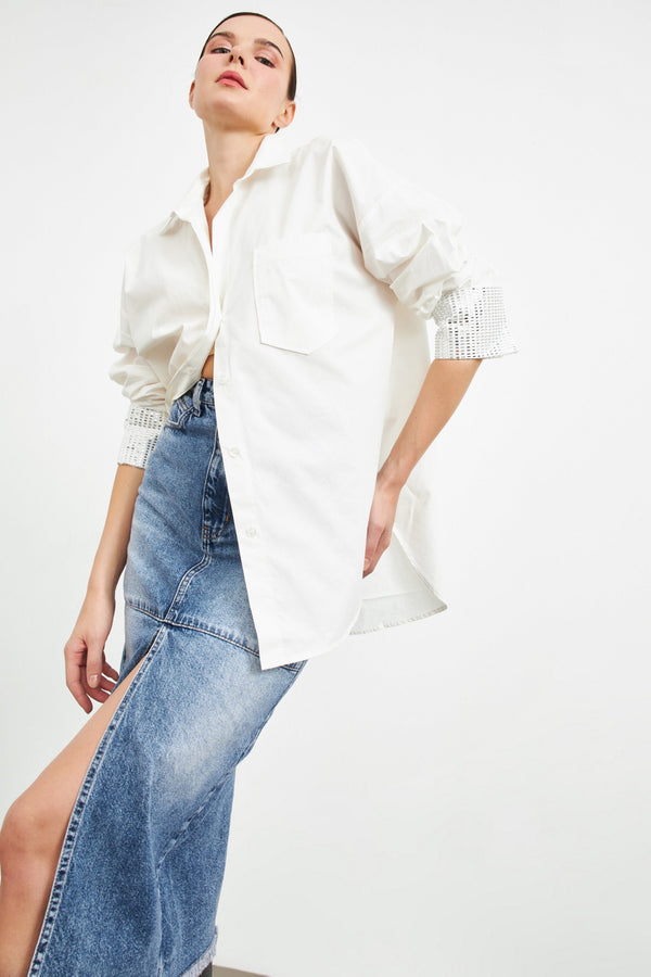 Setre Stone Detailed Long Sleeve Shirt White
