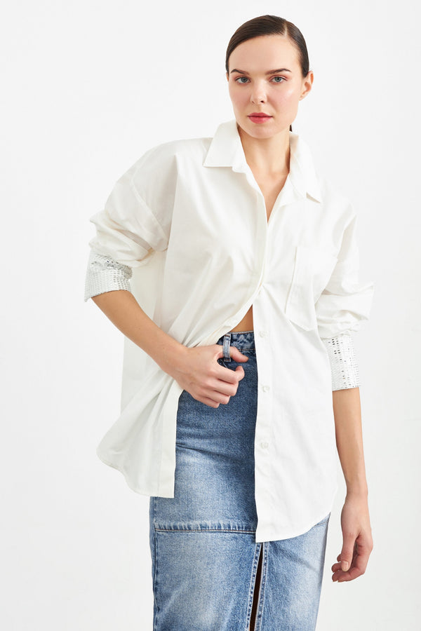 Setre Stone Detailed Long Sleeve Shirt White