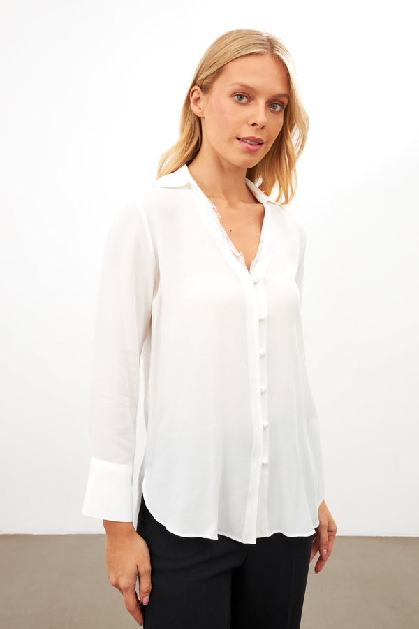 Setre Lace Detail Long Sleeve Shirt With Collar White