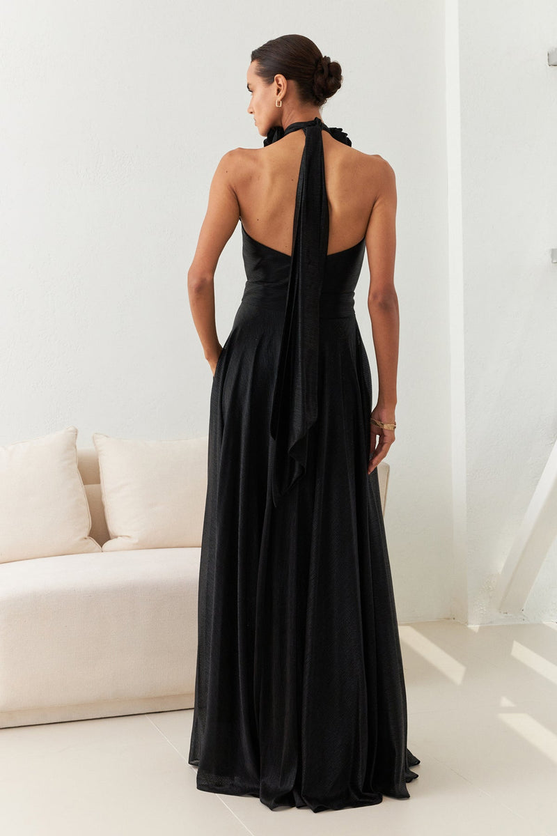 Setre Halter Neck With Rose Detail Evening Dress Black