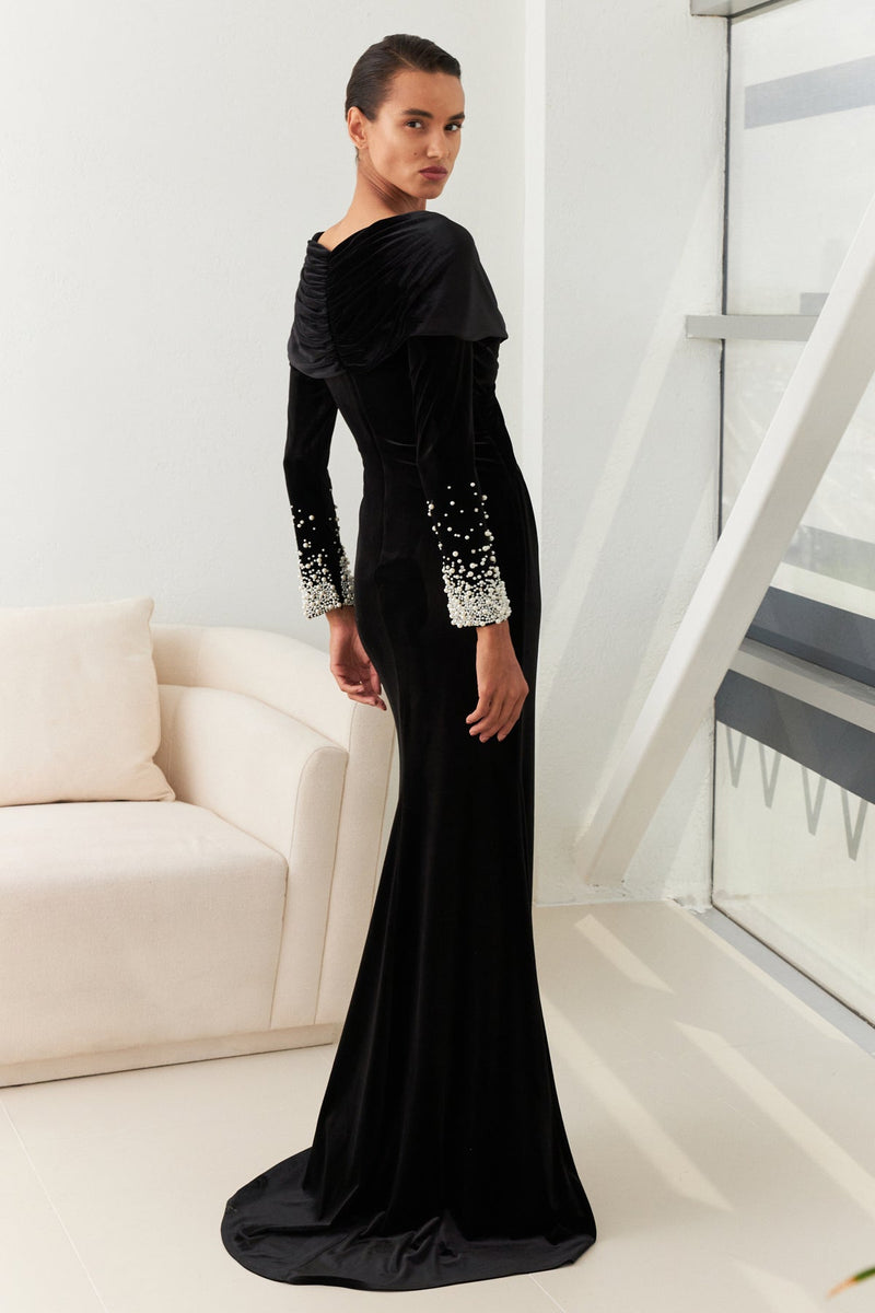 Setre Sleeve Detailed V-Neck Evening Dress Black