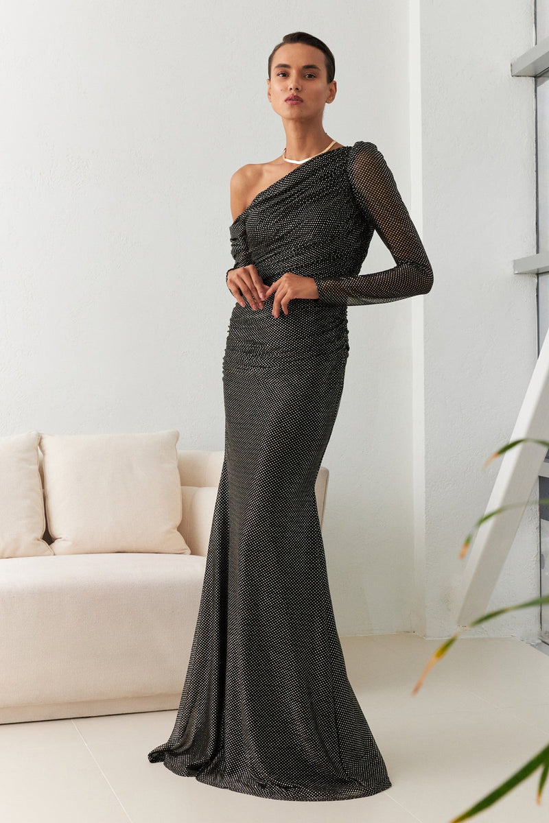 Setre Asymmetrical Collar Detailed Draped Evening Dress Black