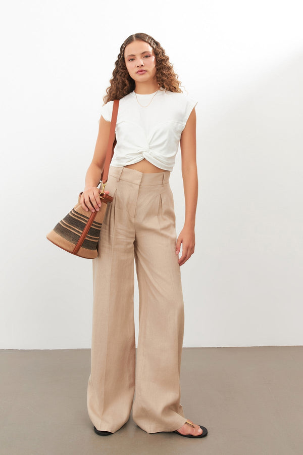 Setre Pleat Detailed Linen Trousers Beige