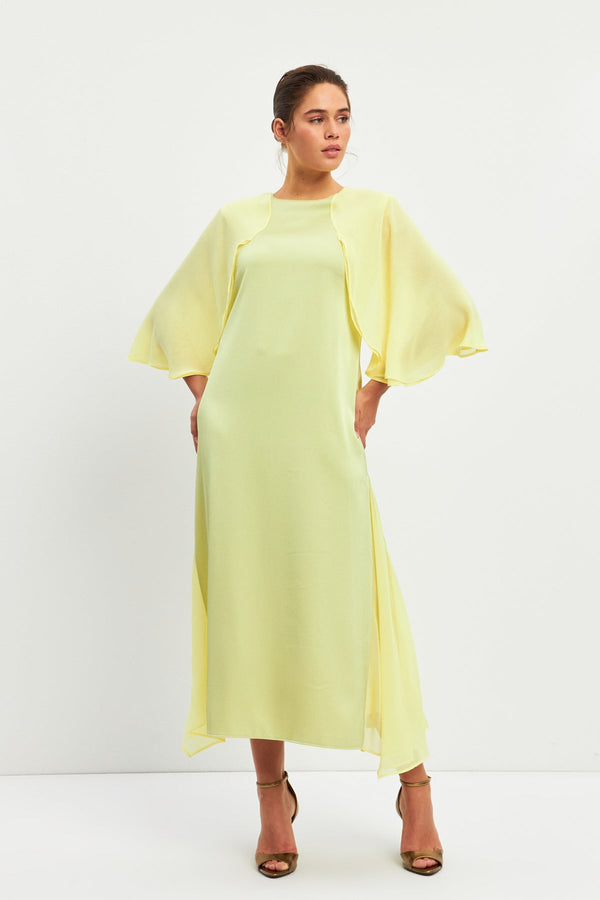 Setre Wide Sleeve Pleat Detail Dress Lime