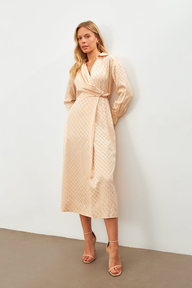 Setre Patterned Wrap Detail Midi Dress Beige