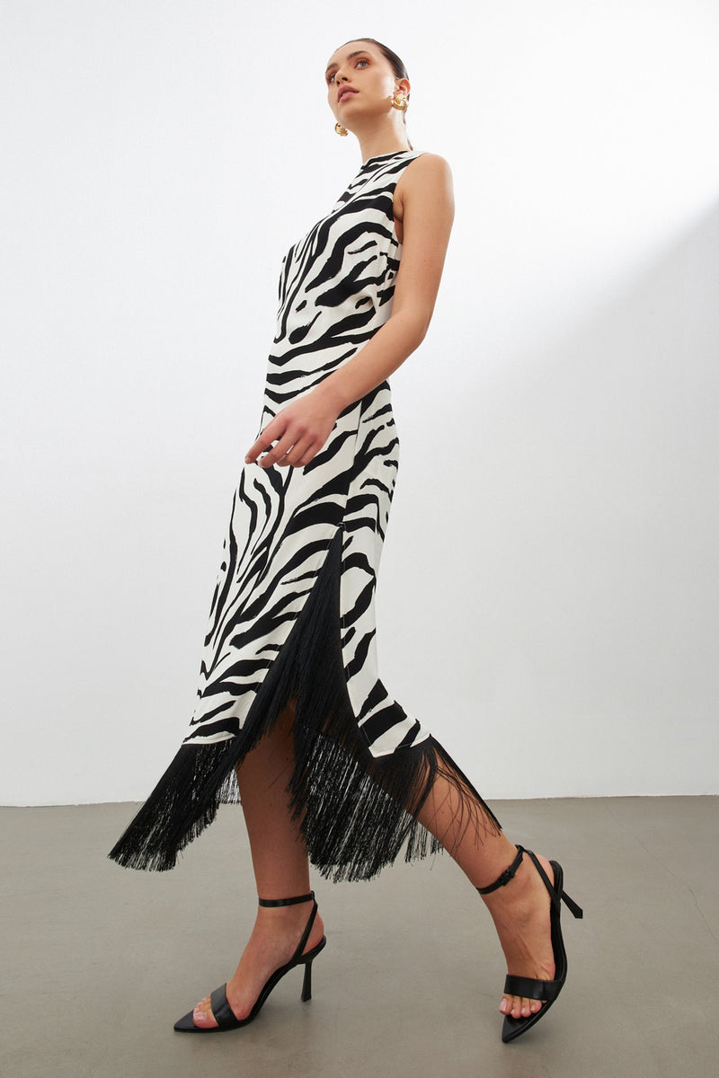 Setre Zebra Print Sleeveless Fringed Dress Black/White