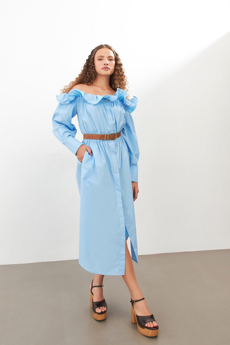 Setre Off-Shoulder Belted Button-Up Dress Blue