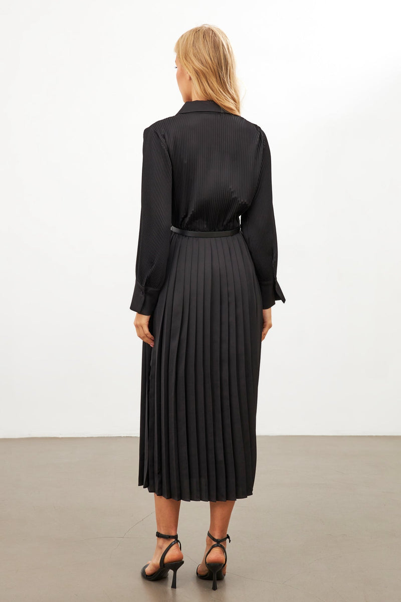 Setre Belted Pleated Shirt Collar Long Sleeve Dress Black