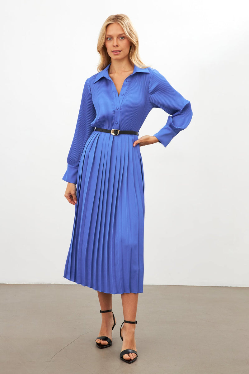 Setre Belted Pleated Shirt Collar Long Sleeve Dress Blue