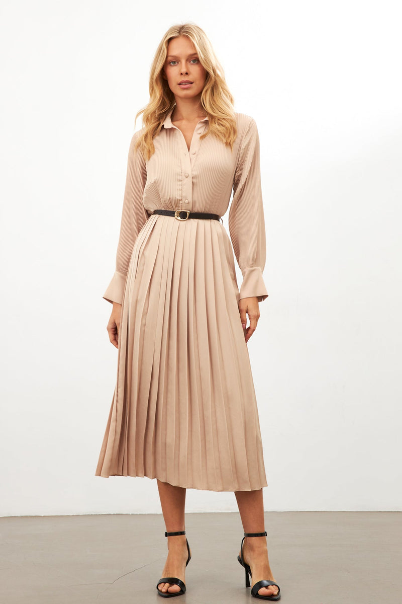 Setre Belted Pleated Shirt Collar Long Sleeve Dress Beige