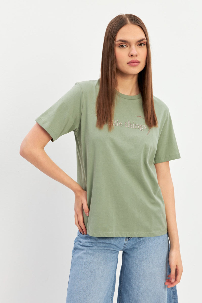 Setre Mini Print Detailed Crew Neck T-Shirt Light Green