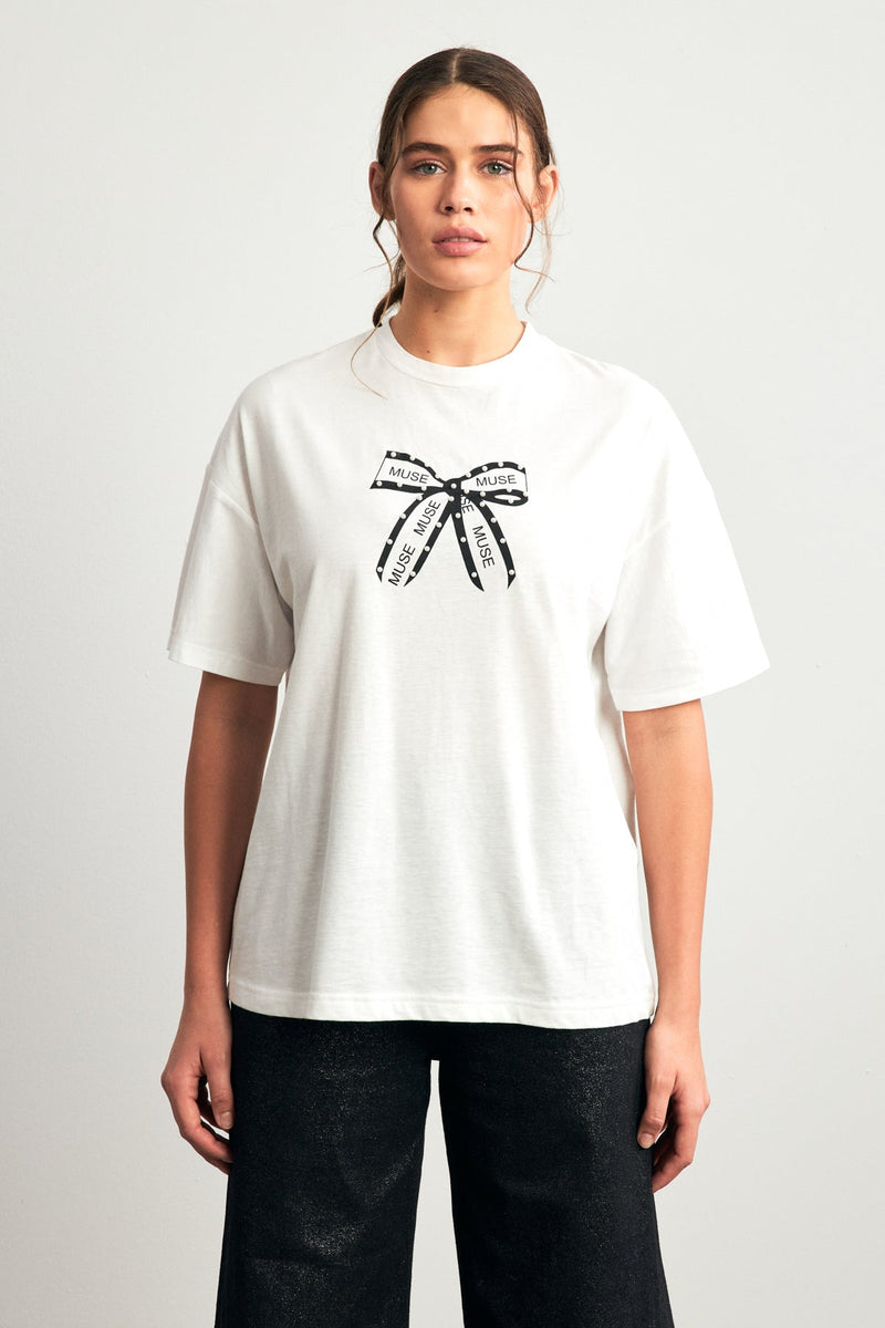 Setre T-Shirt With Bow Print And Pearl Detail Ecru