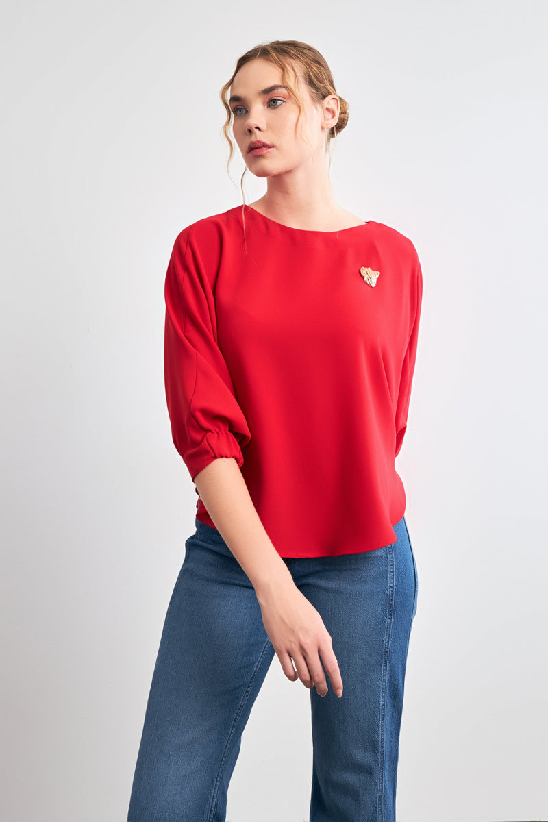 Setre Solid Long Sleeve Wide Blouse Red