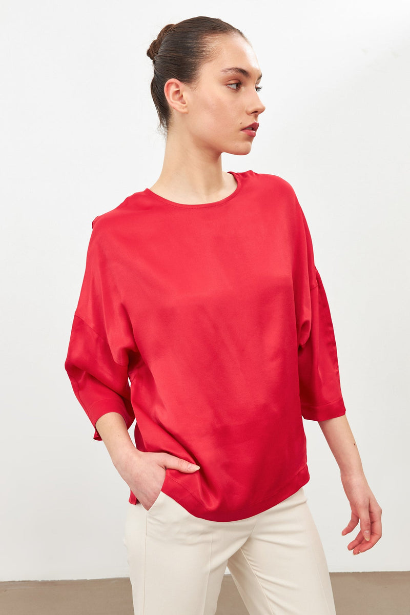 Setre Crew Neck Three-Quarter Sleeve Detailed Blouse Red