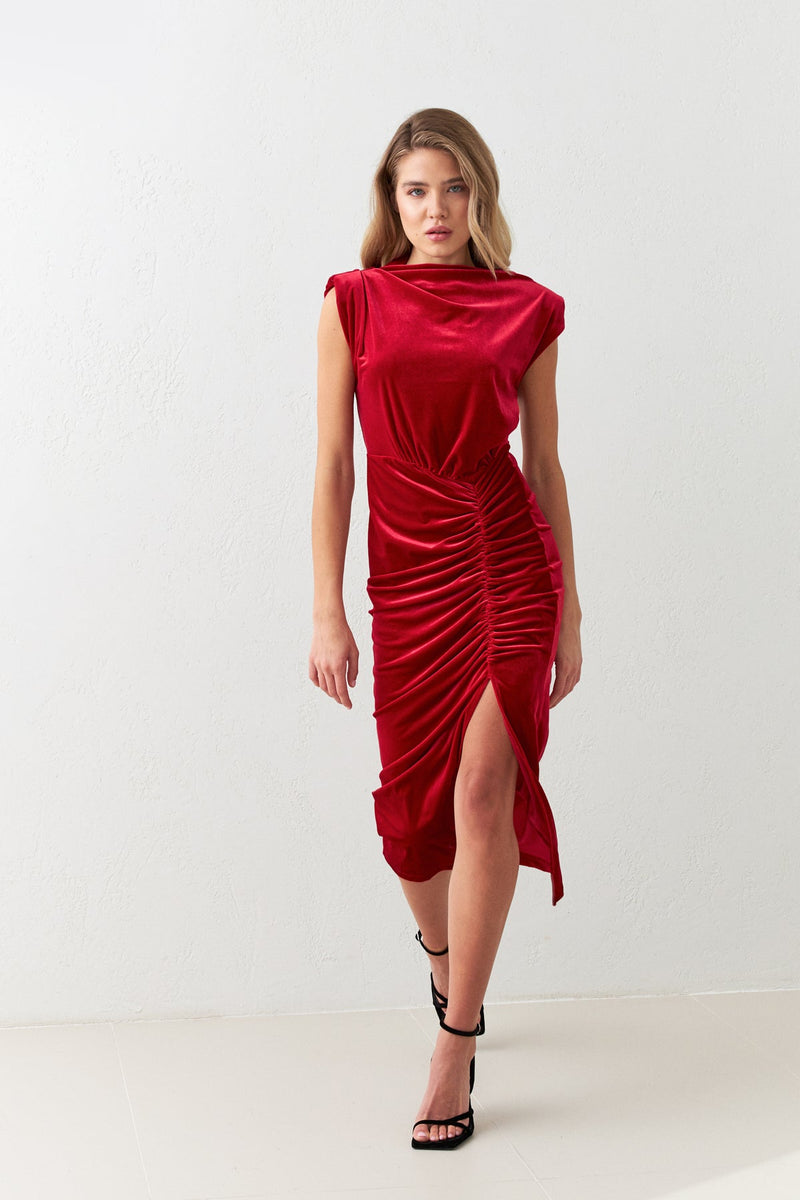 Setre Turtleneck Draped Full Slit Dress Red