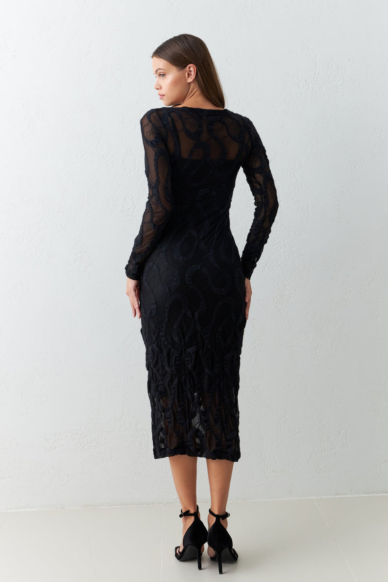 Setre Transparent Detailed Patterned Midi Dress Black