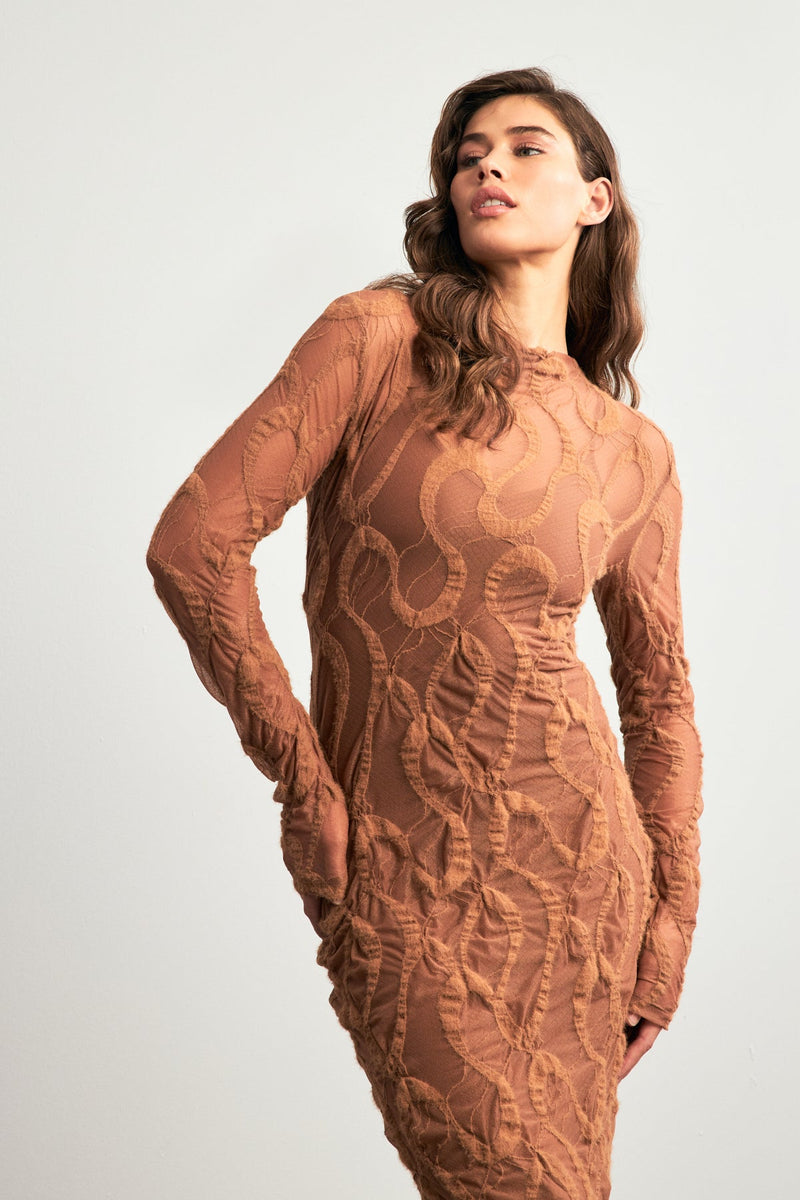 Setre Transparent Detailed Patterned Midi Dress Light Brown