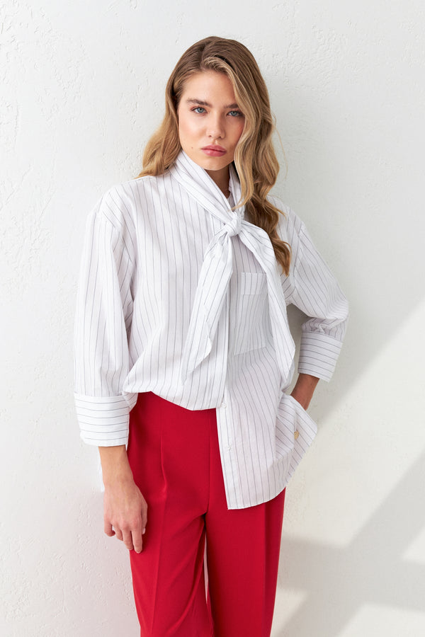 Setre Collar Detailed Striped Shirt Ecru