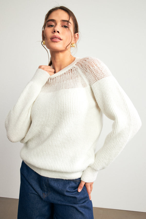 Setre Knitted Detailed Long Sleeve Blouse Ecru