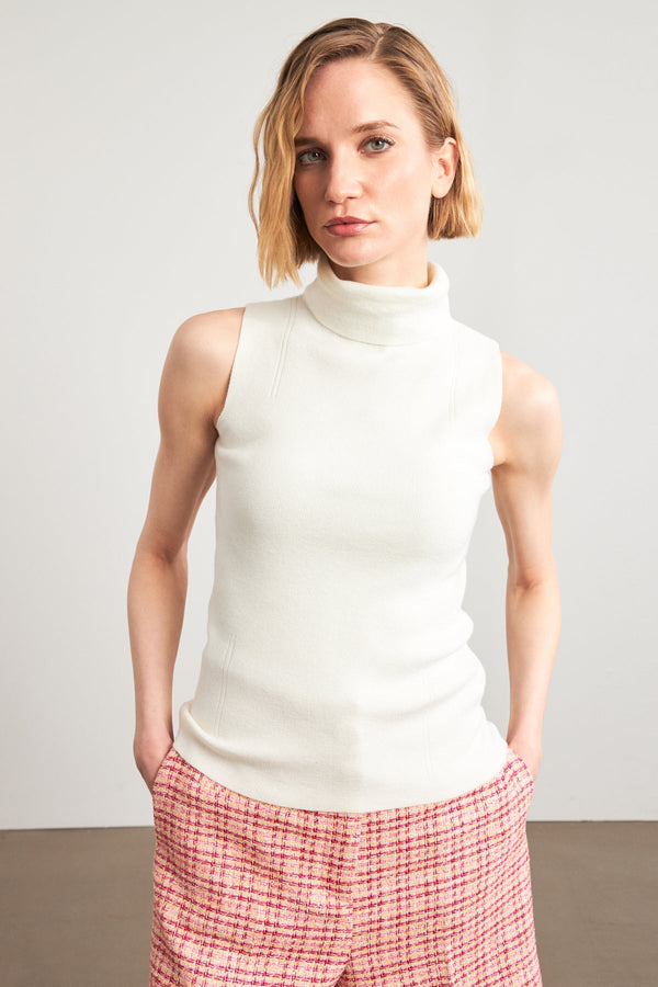 Setre Neck Basic Sleeveless Knitted Blouse Ecru