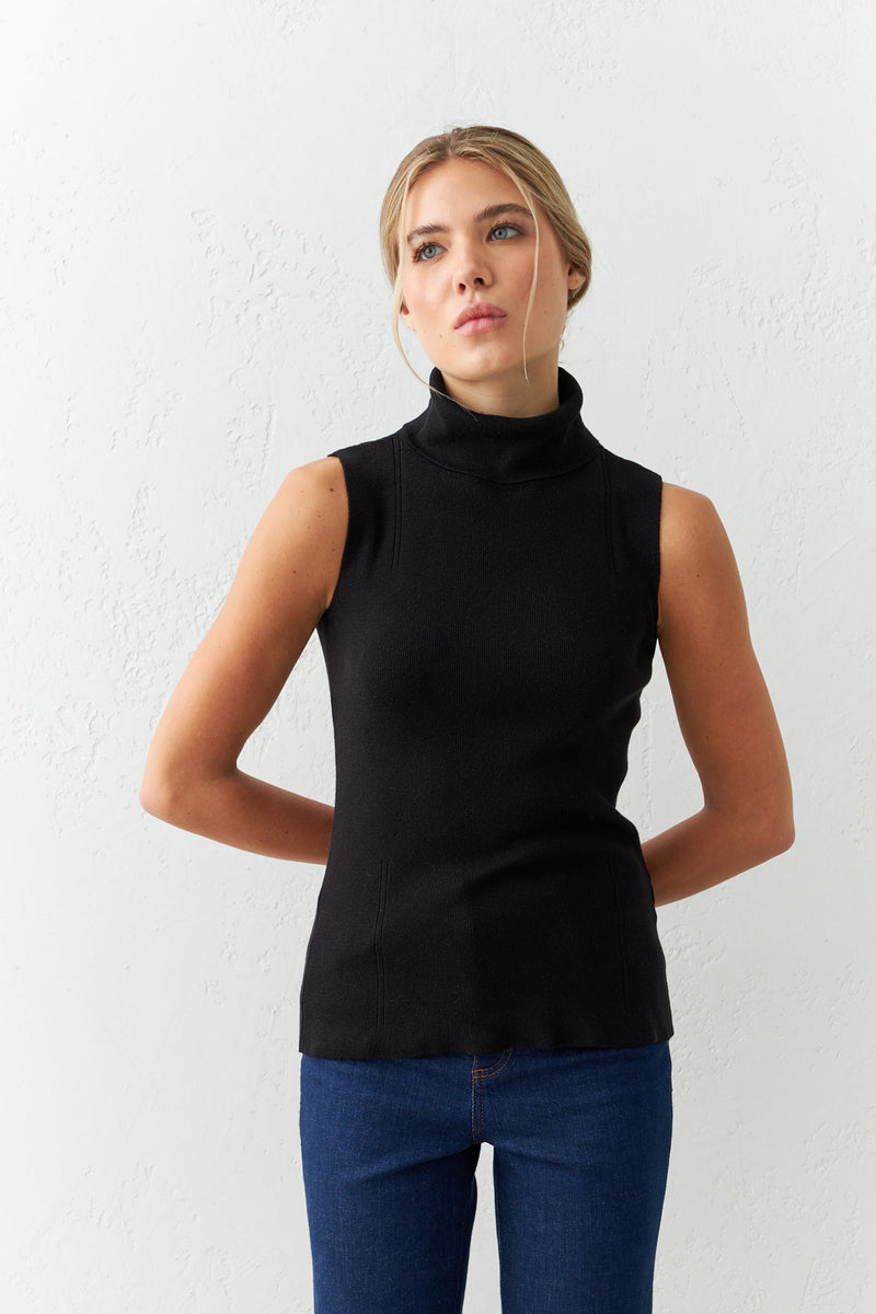 Setre Neck Basic Sleeveless Knitted Blouse Black