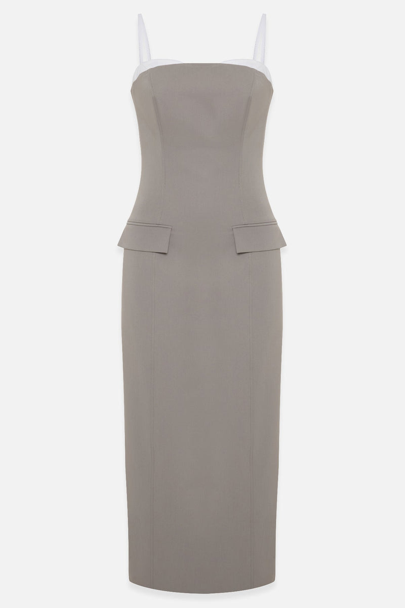 Setre Thin Strap Collar And Pocket Detailed Midi Dress Olive