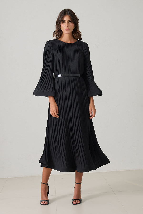 Setre Waist Belt And Pleat Detailed Midi Length Dress Black