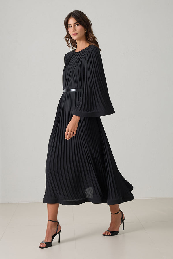 Setre Waist Belt And Pleat Detailed Midi Length Dress Black
