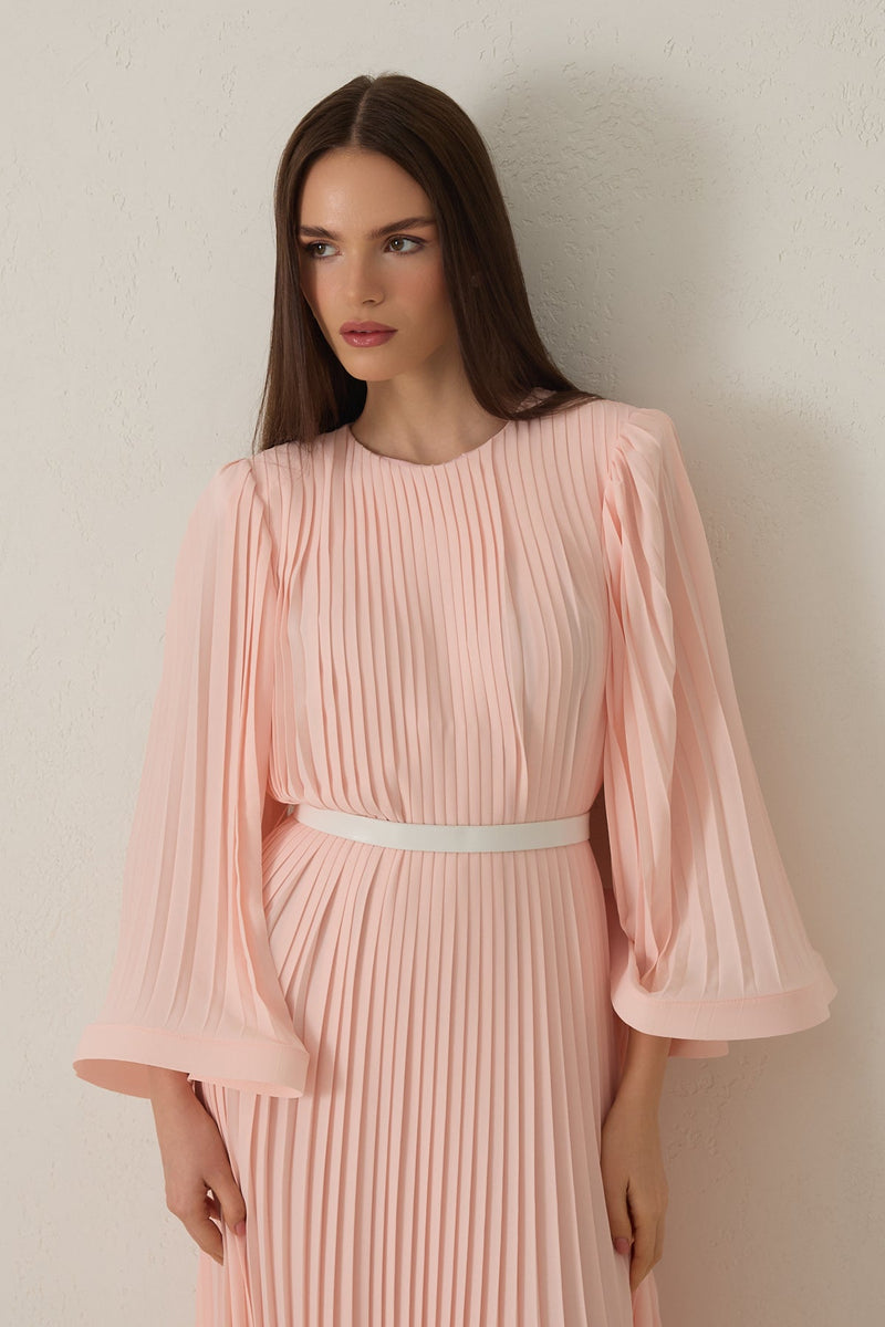 Setre Waist Belt And Pleat Detailed Midi Length Dress Powder Pink