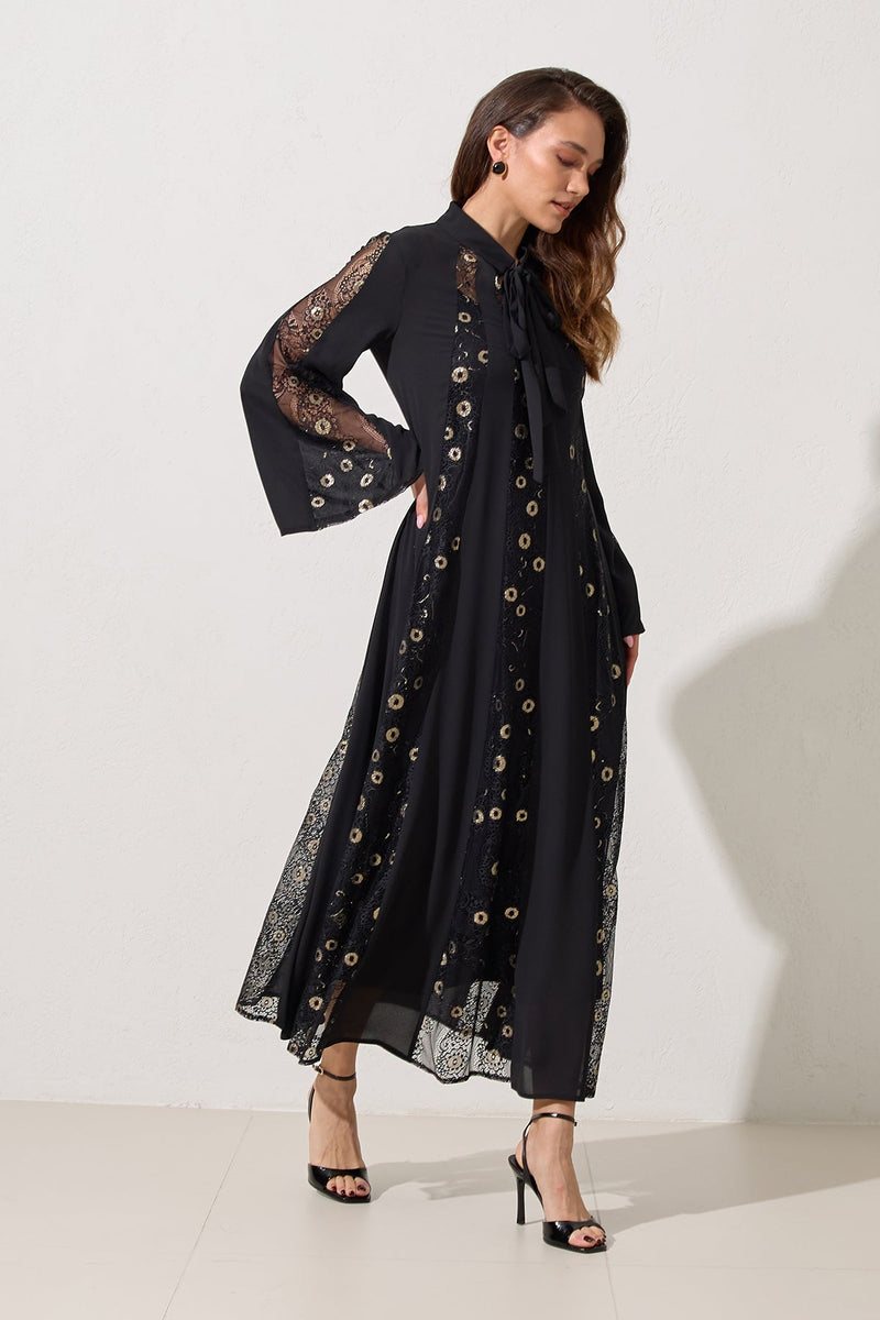 Setre Collar Detailed Lace Dress Black