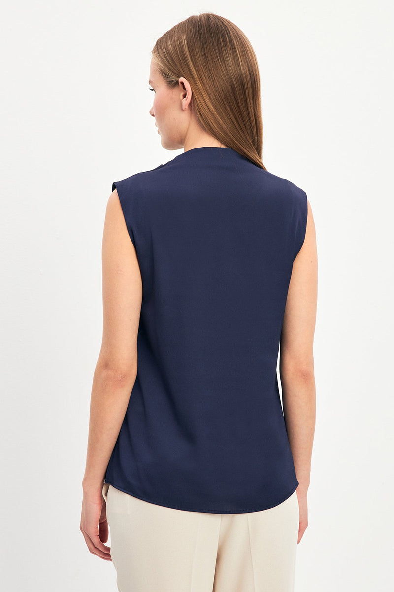 Setre Asymmetric Collar Sleeveless Blouse Navy