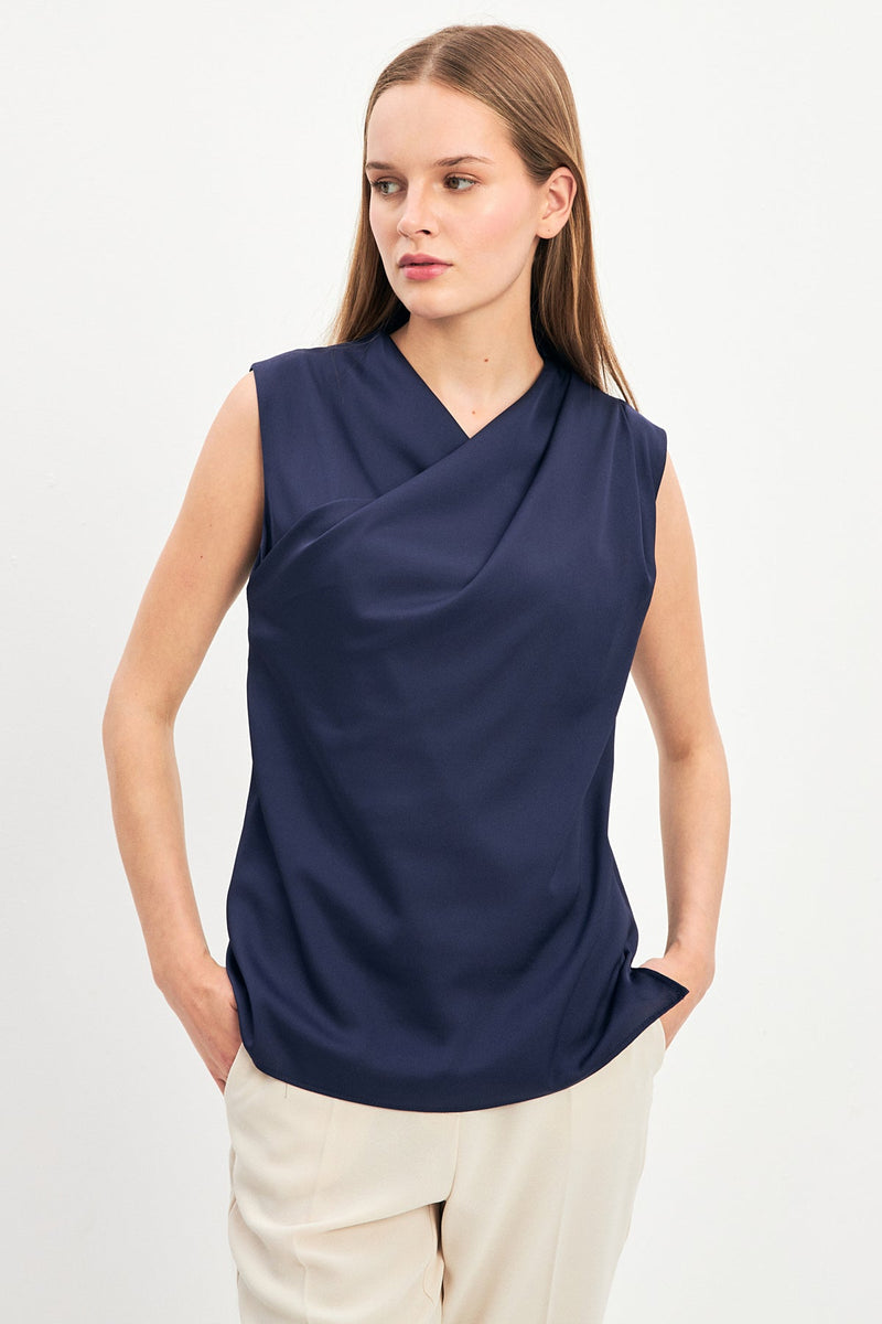 Setre Asymmetric Collar Sleeveless Blouse Navy