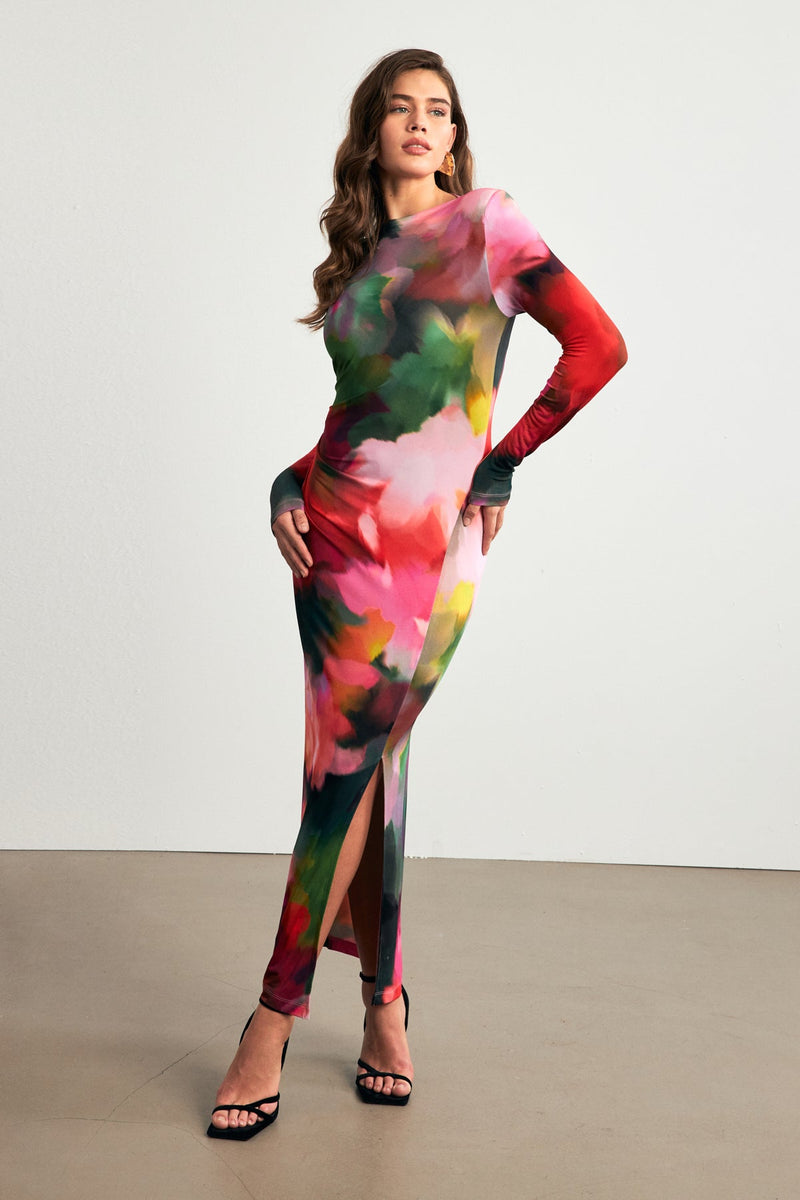 Setre Crew Neck Body-Hugging Patterned Dress Red