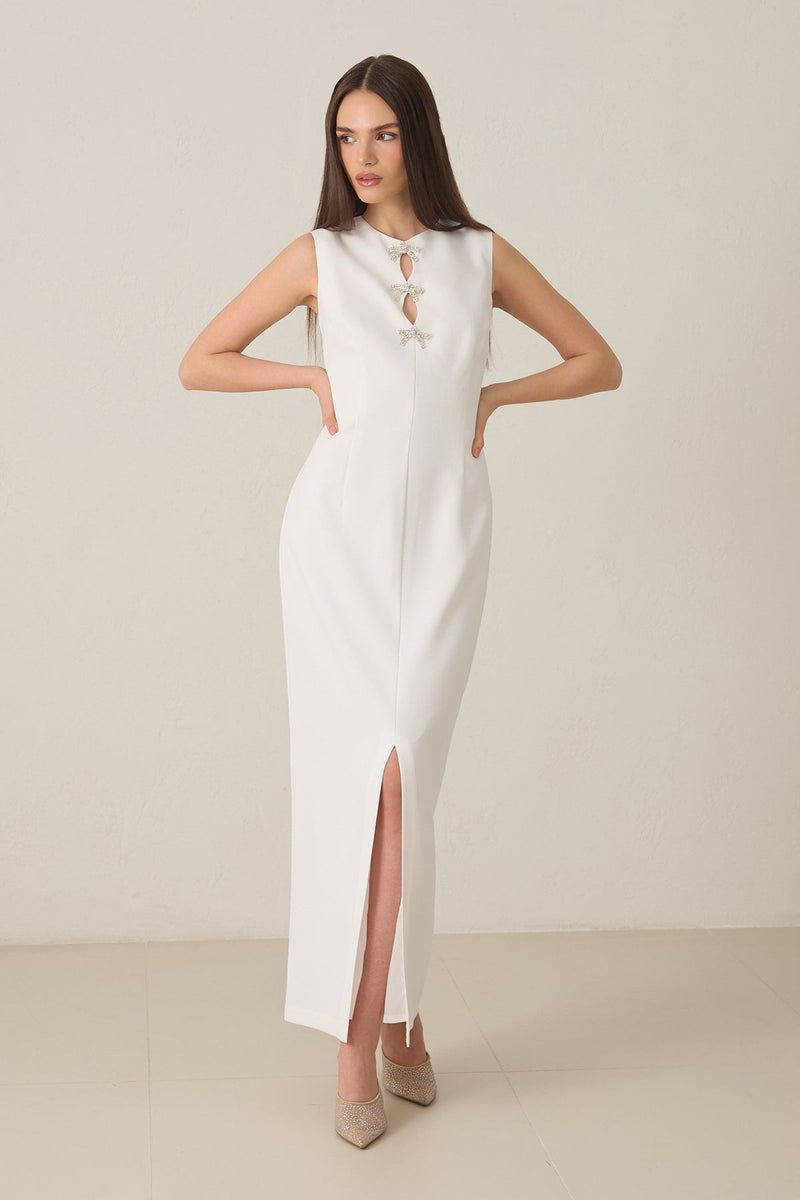 Setre Low-Cut Bow Detail Sleeveless Dress Ecru