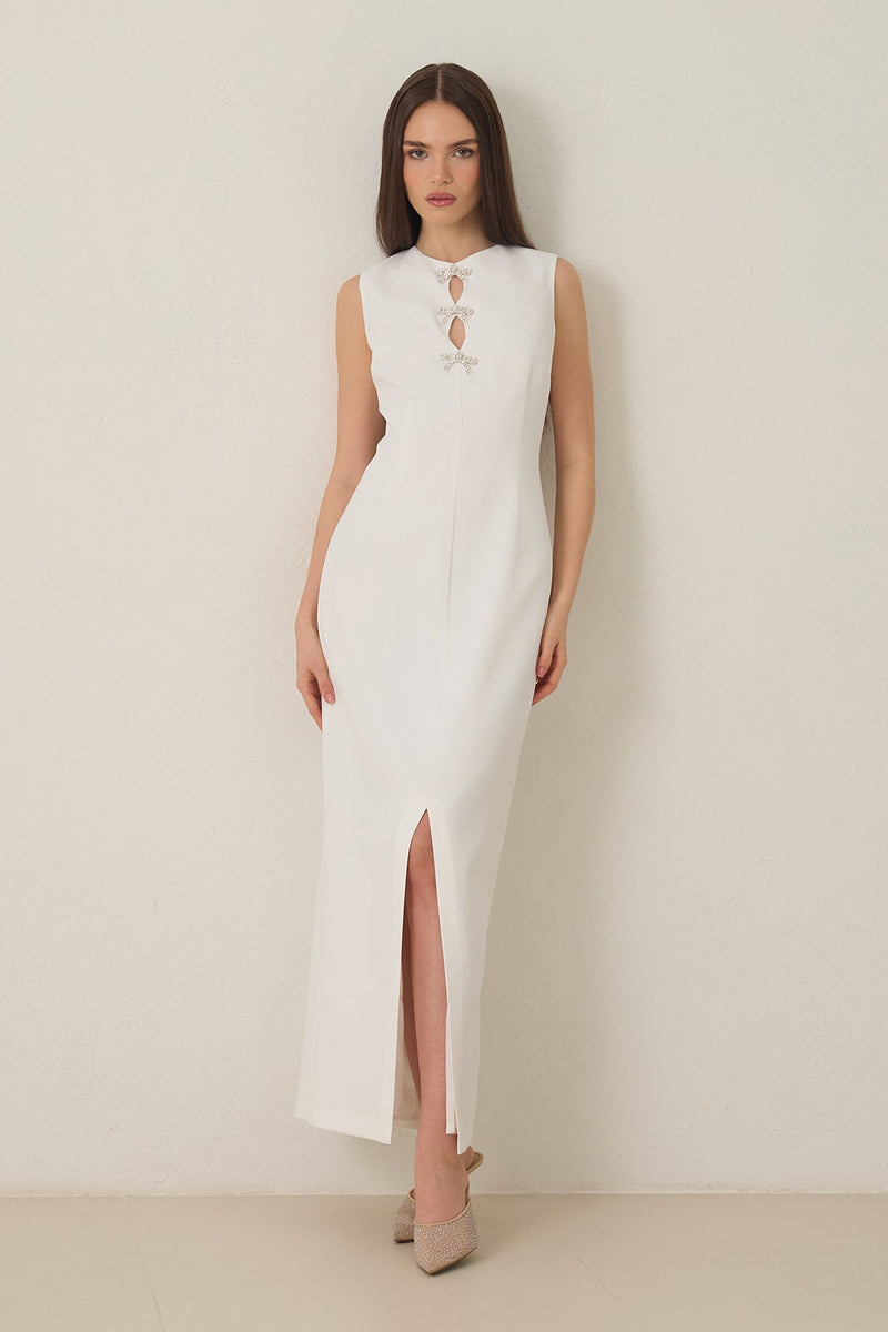 Setre Low-Cut Bow Detail Sleeveless Dress Ecru