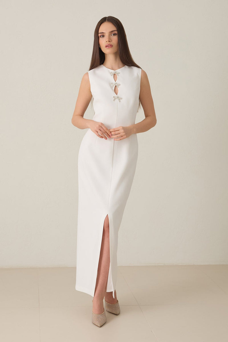 Setre Low-Cut Bow Detail Sleeveless Dress Ecru
