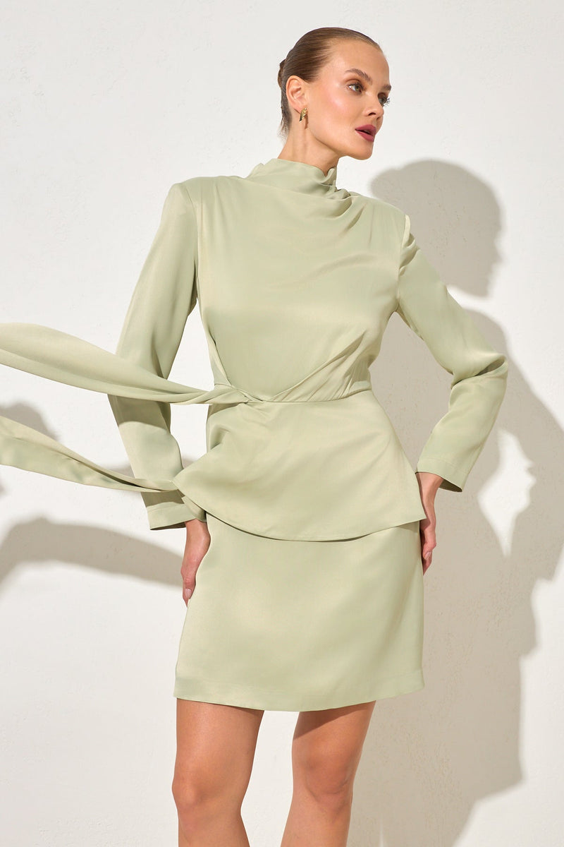 Setre Tie Detailed Turtleneck Long Sleeve Mini Dress Light Green