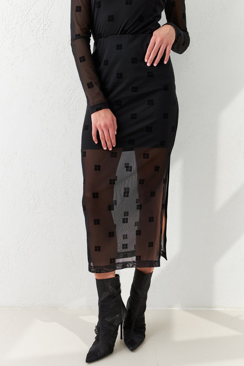 Setre Transparent Midi Skirt With Slit And Print Detail Black